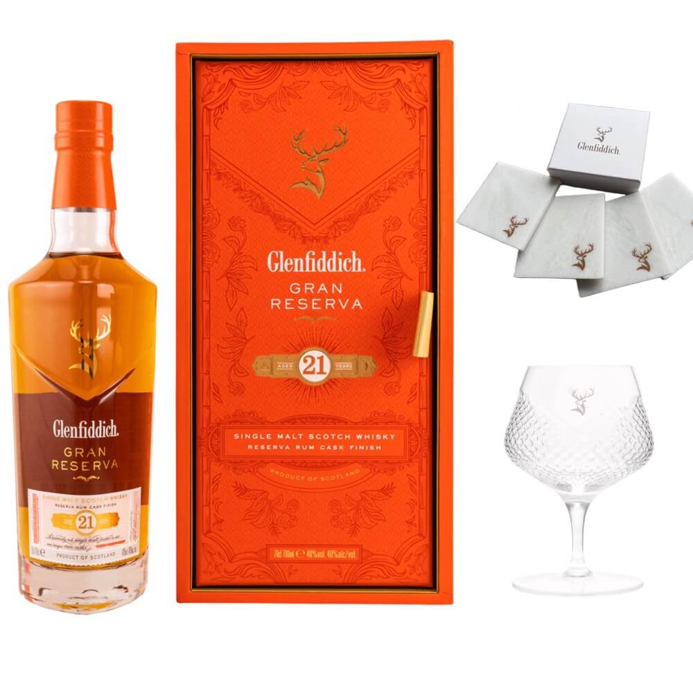 Glenfiddich 21 Jahre Gran Reserva Rum Cask Finish Whisky 40% Set mit Glas und Coaster