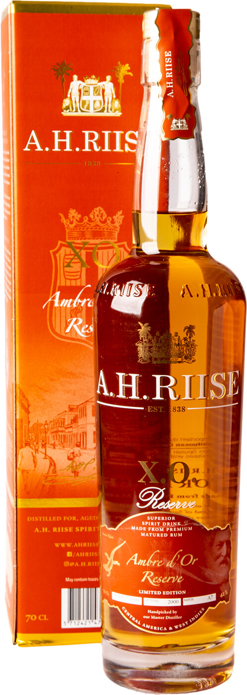 A.H. Riise XO Reserve Ambre D´Or Rum 42 Prozent in oranger Geschenkverpackung