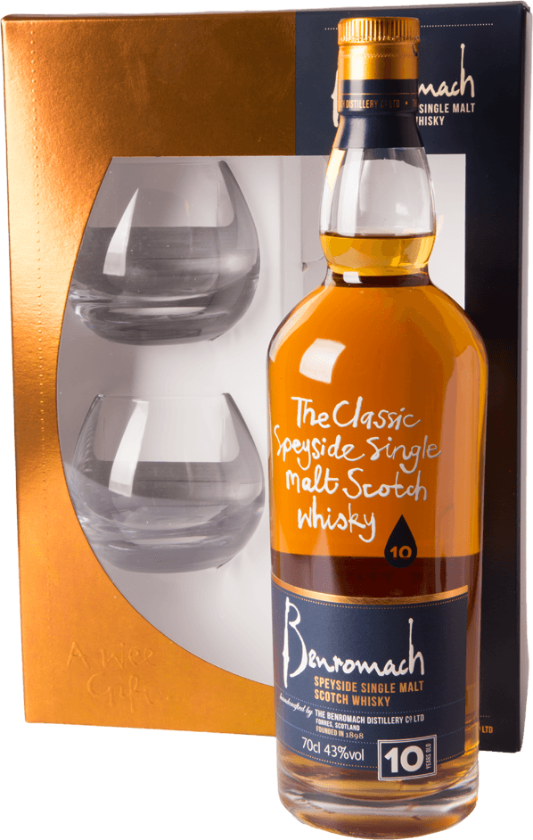 Benromach 10 Jahre Whisky Geschenkset 43% mit 2 Gläsern