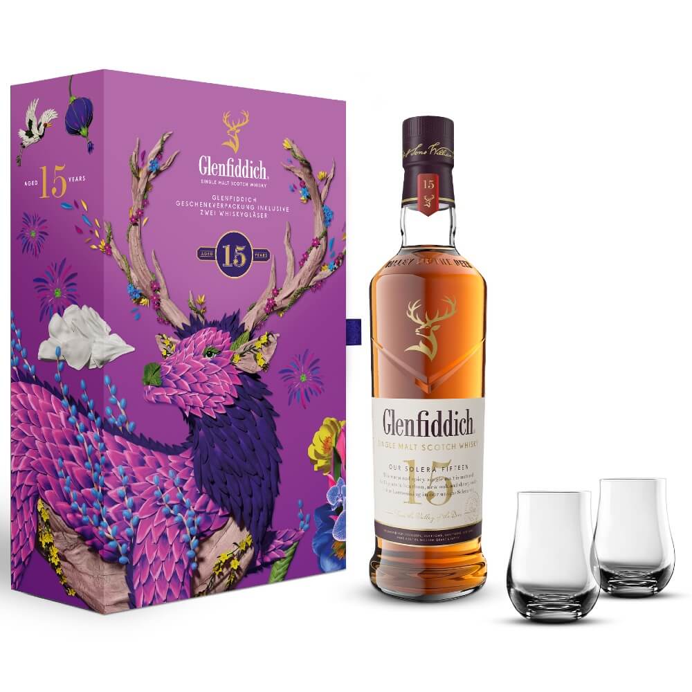 Glenfiddich 15 Jahre Whisky 40% mit 2 Gläsern 