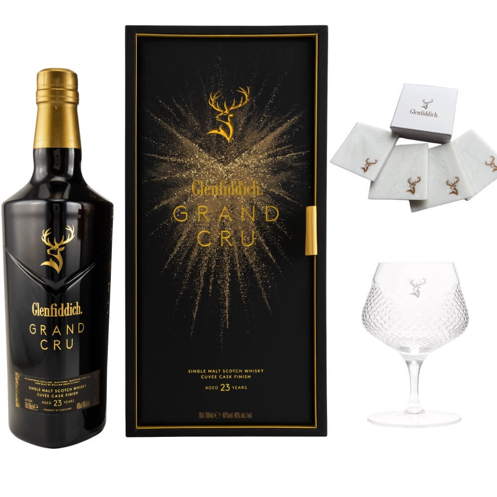 Glenfiddich 23 Jahre Grand Cru Cuvée Cask Whisky 40% Set mit Glas und Coaster