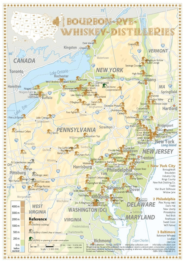 Alba Collection - USA - NY, PA, NJ, DE, MD and DC Whiskey Distilleries - Tasting Map 24x34cm