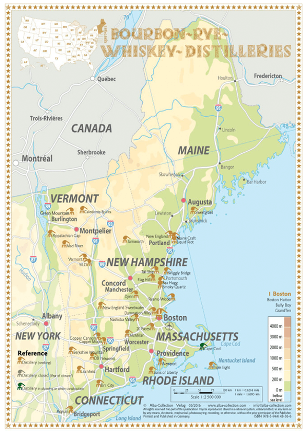 Alba Collection - USA - ME, VT, NH, MA, RI and CT Whiskey Distilleries - Tasting Map 24x34cm
