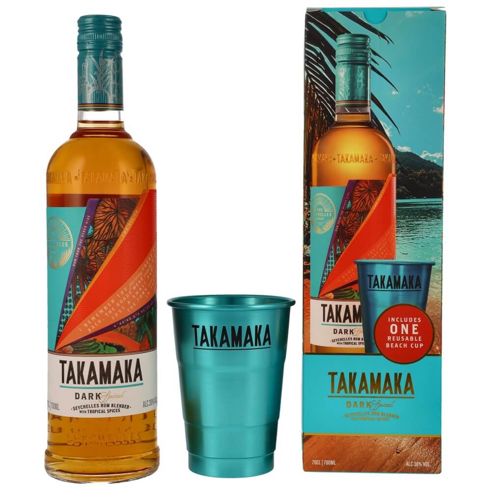 Takamaka Dark Spiced Rum 38% + Beachcup Set